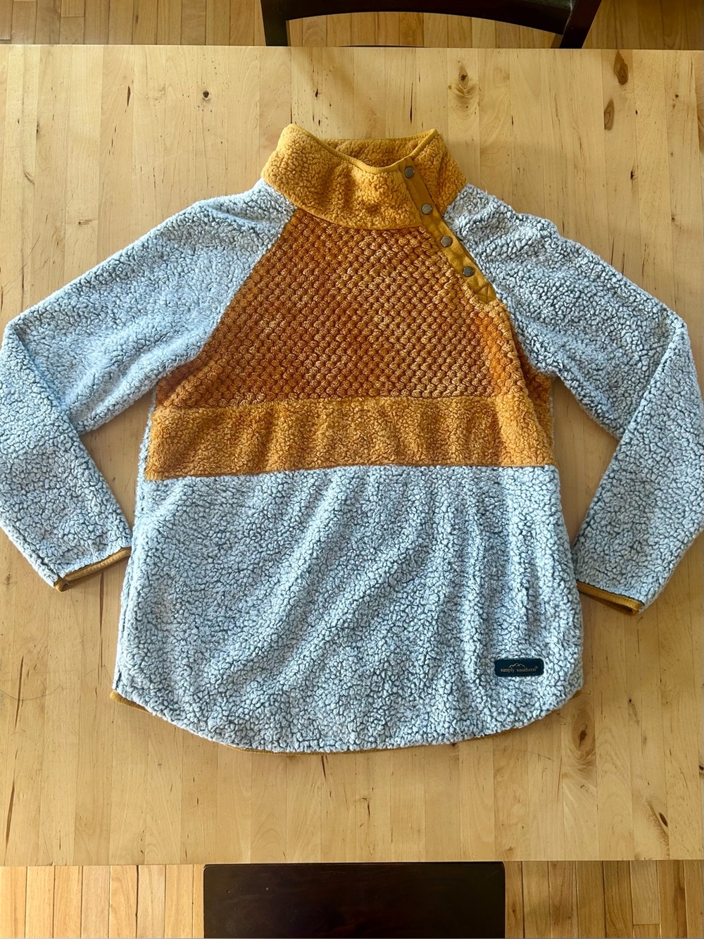 Simply Southern Block Sherpa Pullover Gray Mustard Orange Snap Neck Medium